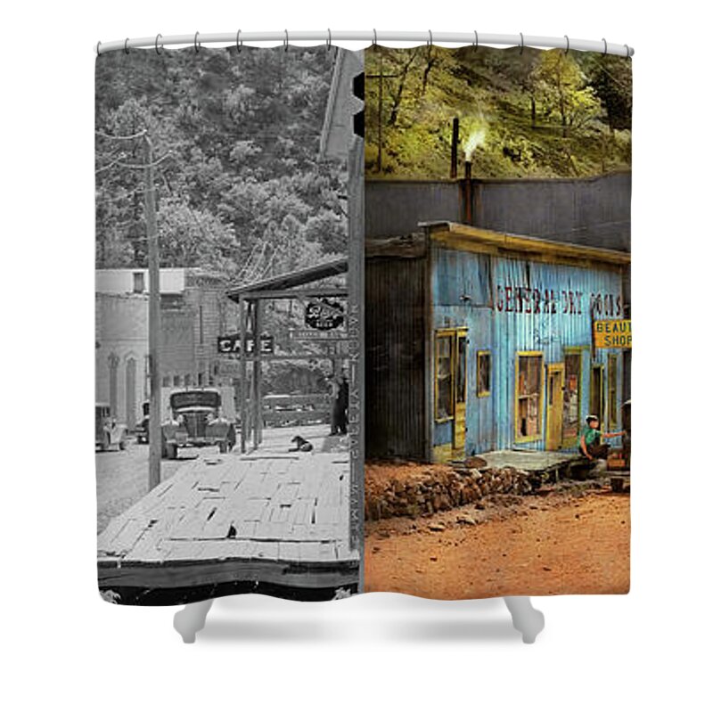 Mogollon Shower Curtain featuring the photograph City - Mogollon NM - Before the ghosts 1940 - Side by Side by Mike Savad