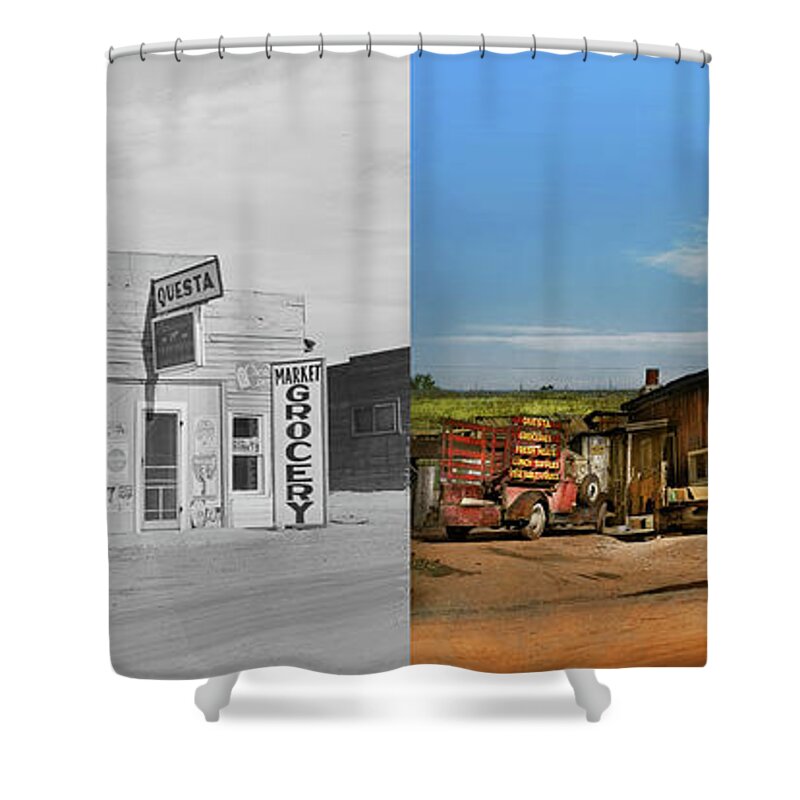 Questa Shower Curtain featuring the photograph City - Questa NM - Free AIR and More 1939 - Side by Side by Mike Savad