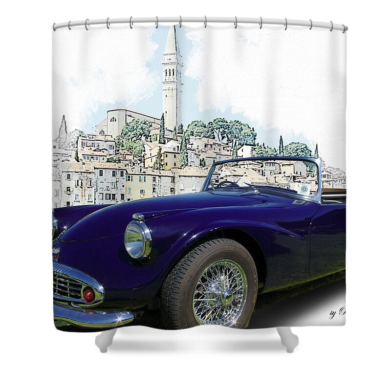 British Shower Curtain featuring the digital art Classic British Sports car in Croatia by Peter Leech