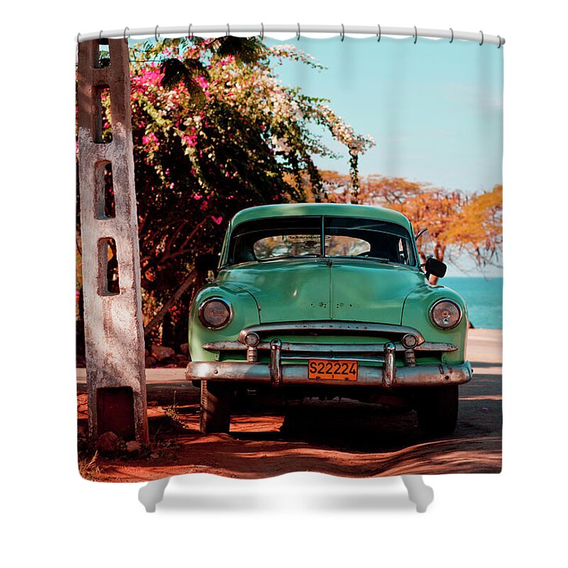 Pole Shower Curtain featuring the photograph Classic Oldtimer Car At Beach Road by Merten Snijders