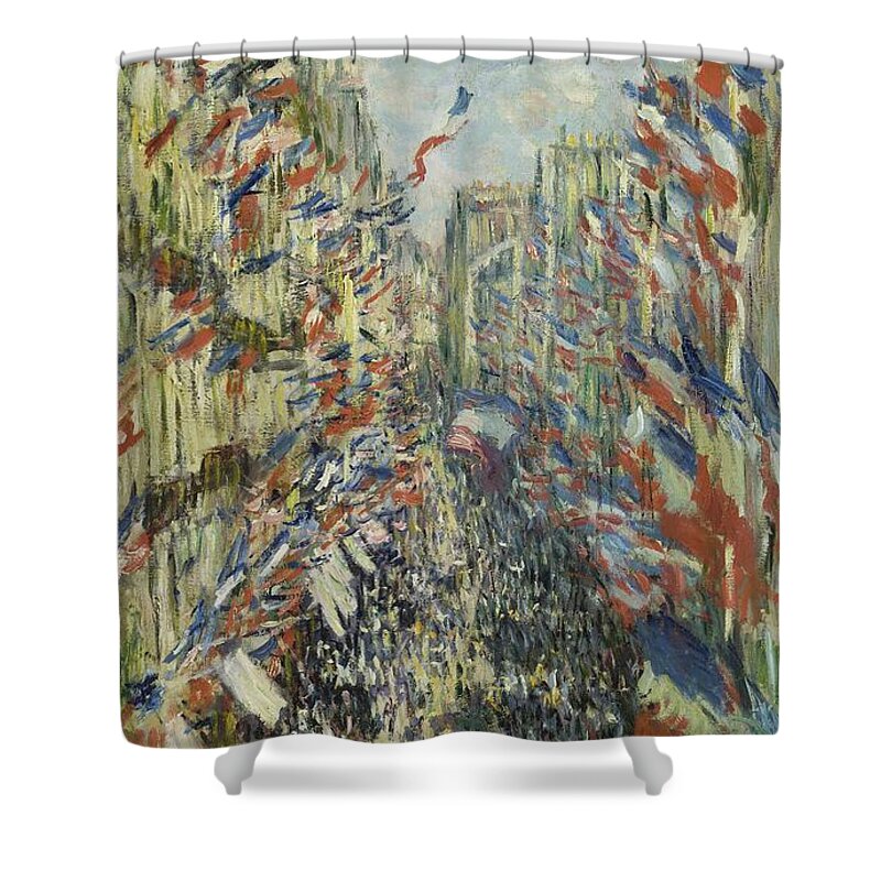 Claude Monet Shower Curtain featuring the painting CLAUDE MONET La rue Montorgueil a Paris. Fete du 30 juin 1878. Date/Period 1878. Painting. by Claude Monet
