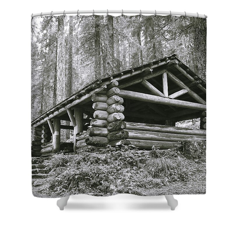 Black And White Shower Curtain featuring the photograph Clear Lake Shelter by Catherine Avilez