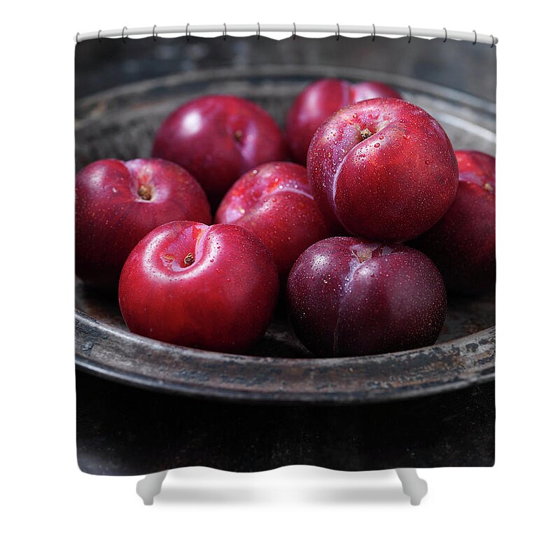 Plum Shower Curtain featuring the photograph Close Up Of Bowl Of Plums by Danielle Wood