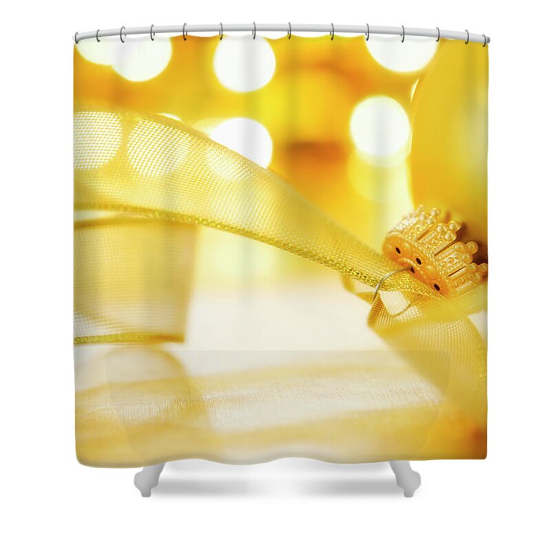 Christmas Ornament Shower Curtain featuring the photograph Close-up Of Christmas Ball With Ribbon by Tetra Images