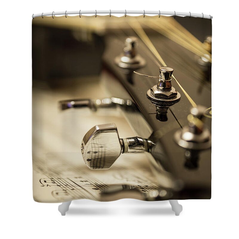 Music Shower Curtain featuring the photograph Close Up Of Guitars Head, Riga, Latvia by Jurijs Buts