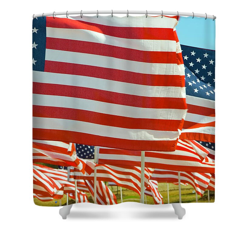 Celebration Shower Curtain featuring the photograph Close-up Of Multiple U.s. Flags by Donovan Reese