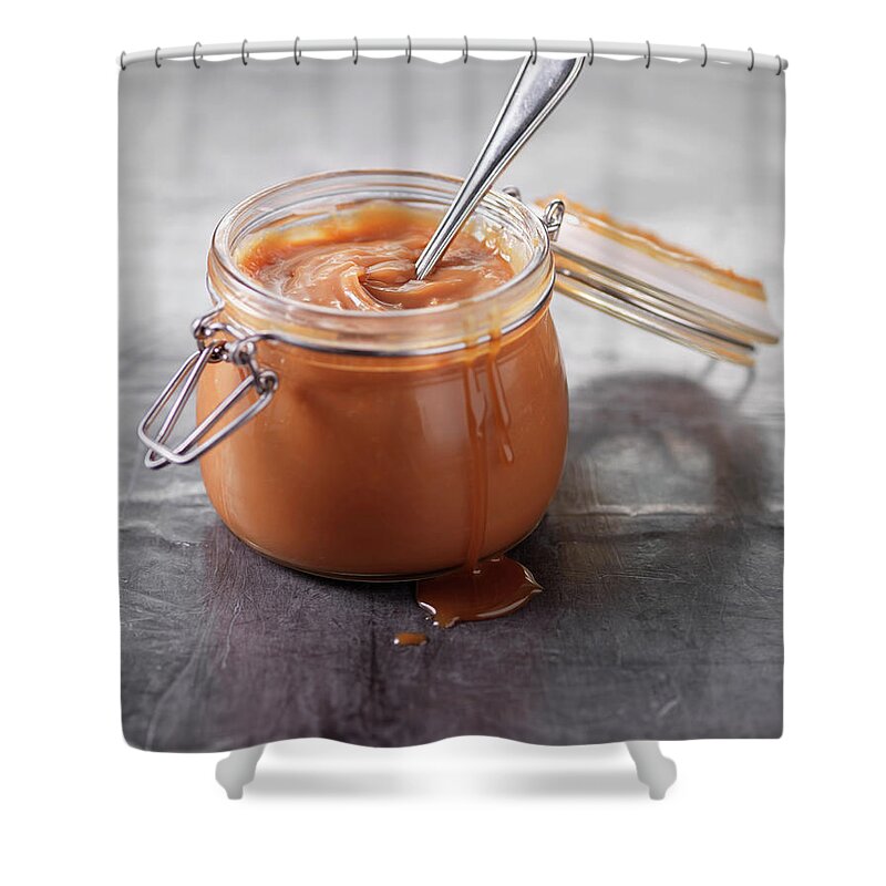 Spoon Shower Curtain featuring the photograph Close Up Of Pot Of Caramel Sauce by Danielle Wood