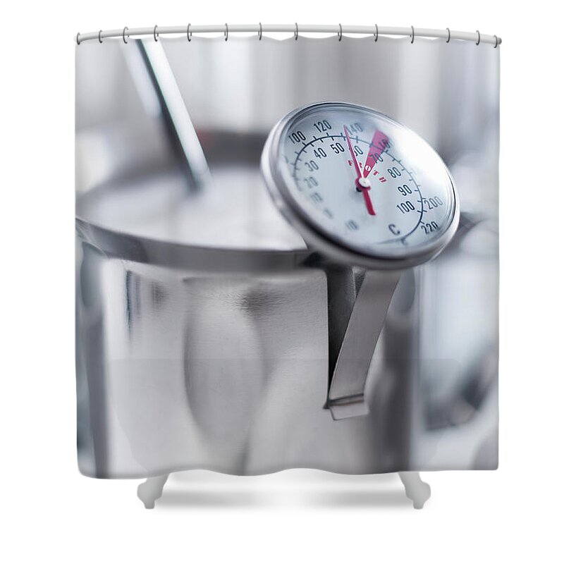 Milk Shower Curtain featuring the photograph Close Up Of Temperature Gauge On Milk by Adam Gault