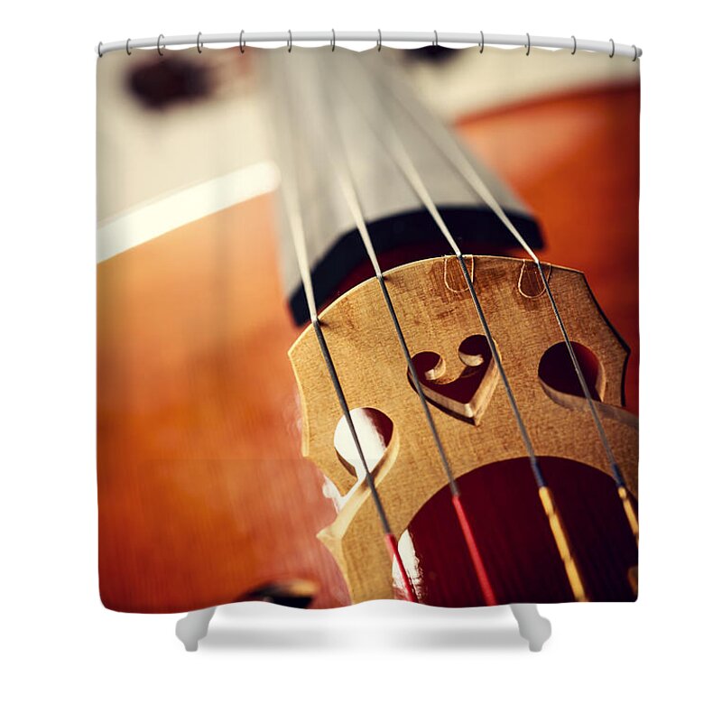 White Background Shower Curtain featuring the photograph Close Up Shot Of Cello Bridge by Kativ