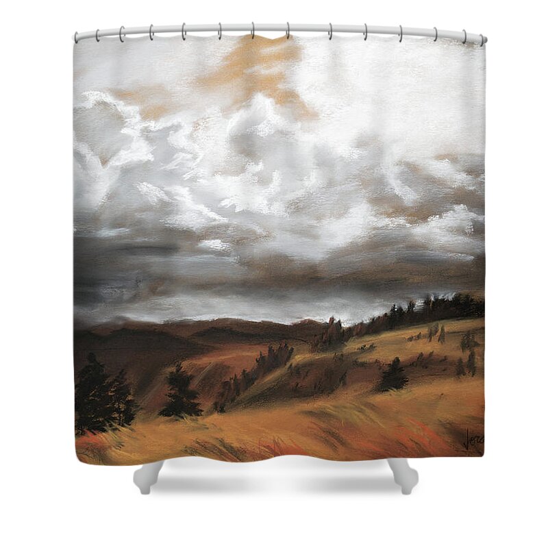 Charcoal Shower Curtain featuring the drawing Clouds Above the Southfork by Jordan Henderson