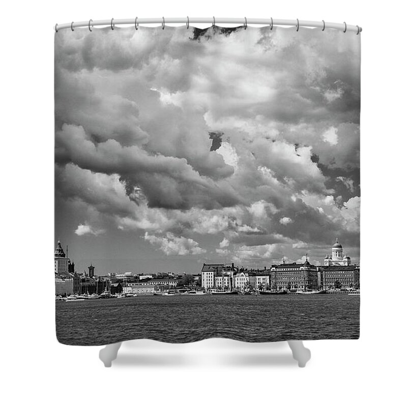 Helsinki; Finland; Clouds; Europe; Scandinavia; Baltic; Baltic Sea; Black And White; Black White Shower Curtain featuring the photograph Clouds over Helsinki by Mick Burkey