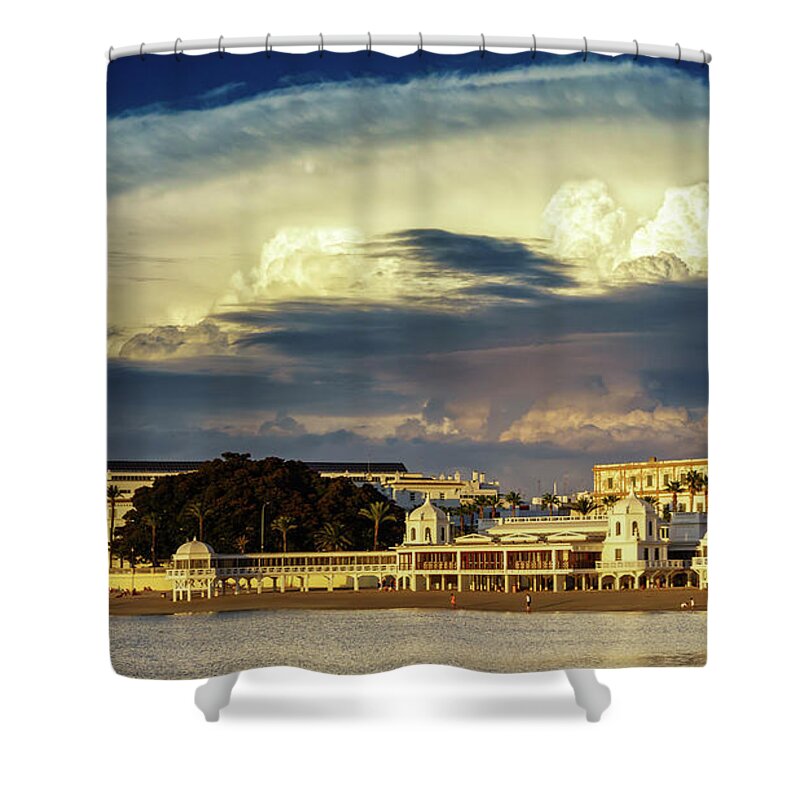 Famous Shower Curtain featuring the photograph Cloudy Sky over La Caleta Spa Cadiz by Pablo Avanzini