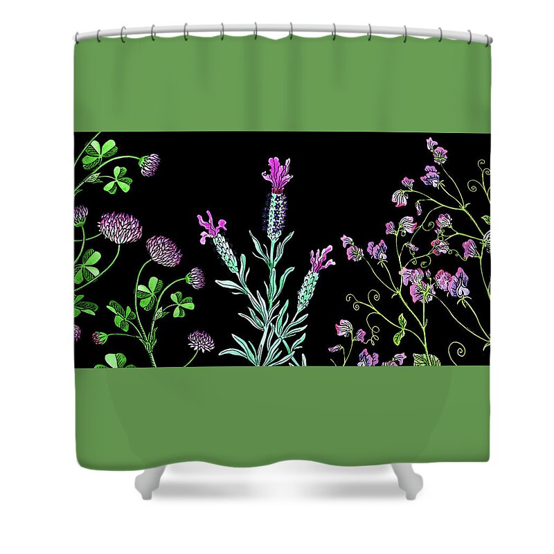 Lavender Shower Curtain featuring the painting Clover Lavender And Sweet Pea Wildflowers by Irina Sztukowski