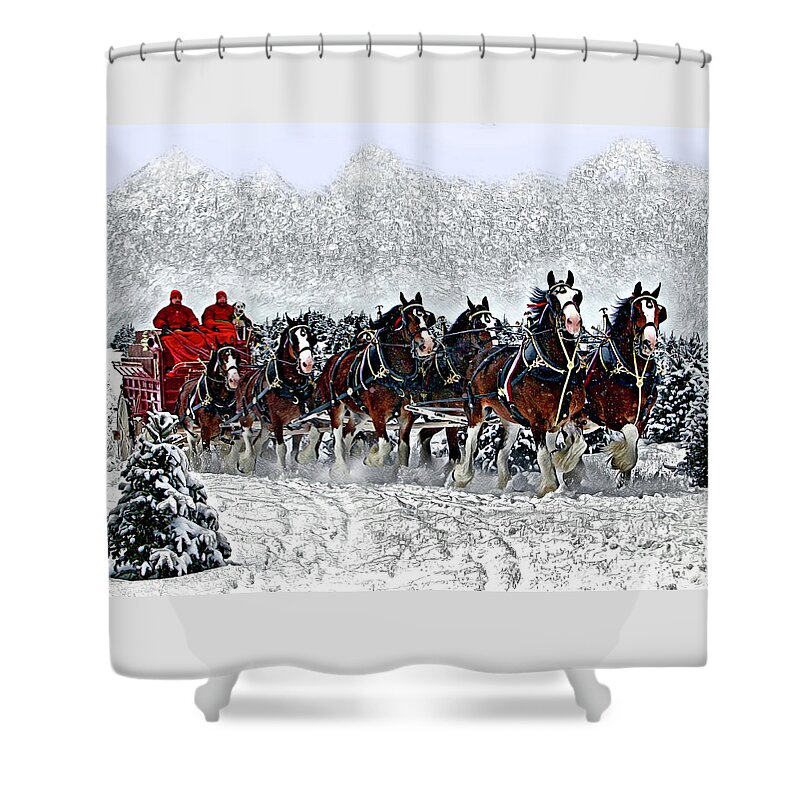 Clydesdales Shower Curtain featuring the digital art Clydesdales Hitch In Snow by CAC Graphics