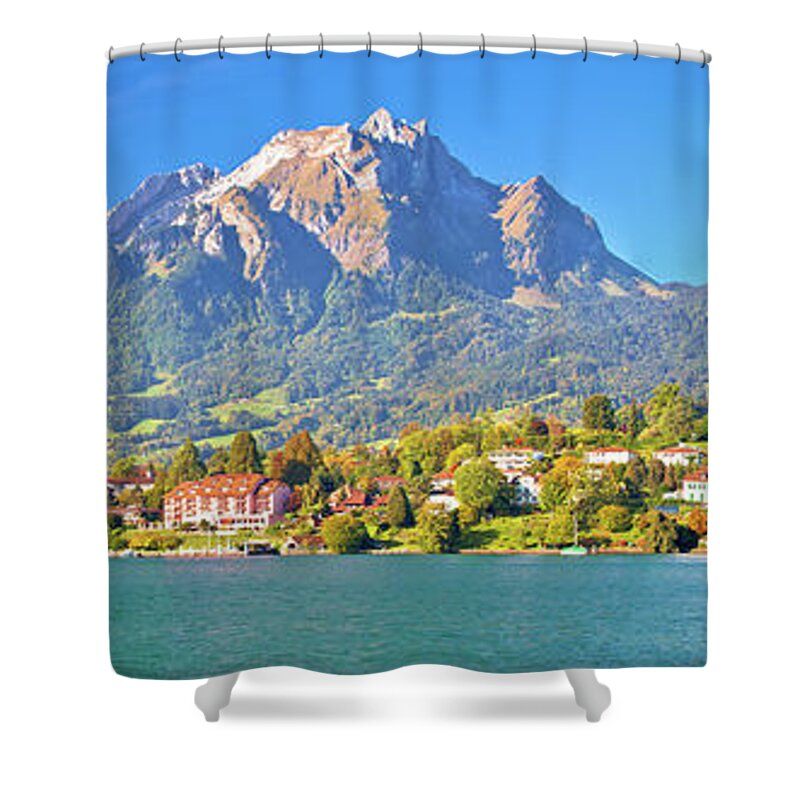 Lucerne Shower Curtain featuring the photograph Coast of Lake Lucerne and Pilatus mountain panoramic view by Brch Photography