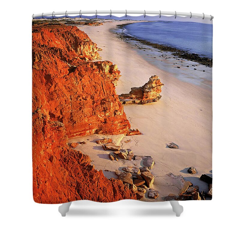 Outdoors Shower Curtain featuring the photograph Coastal Scene With Sun On Red Cliffs by Ted Mead