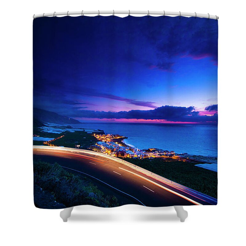 Water's Edge Shower Curtain featuring the photograph Coastline After Sunset by Schroptschop