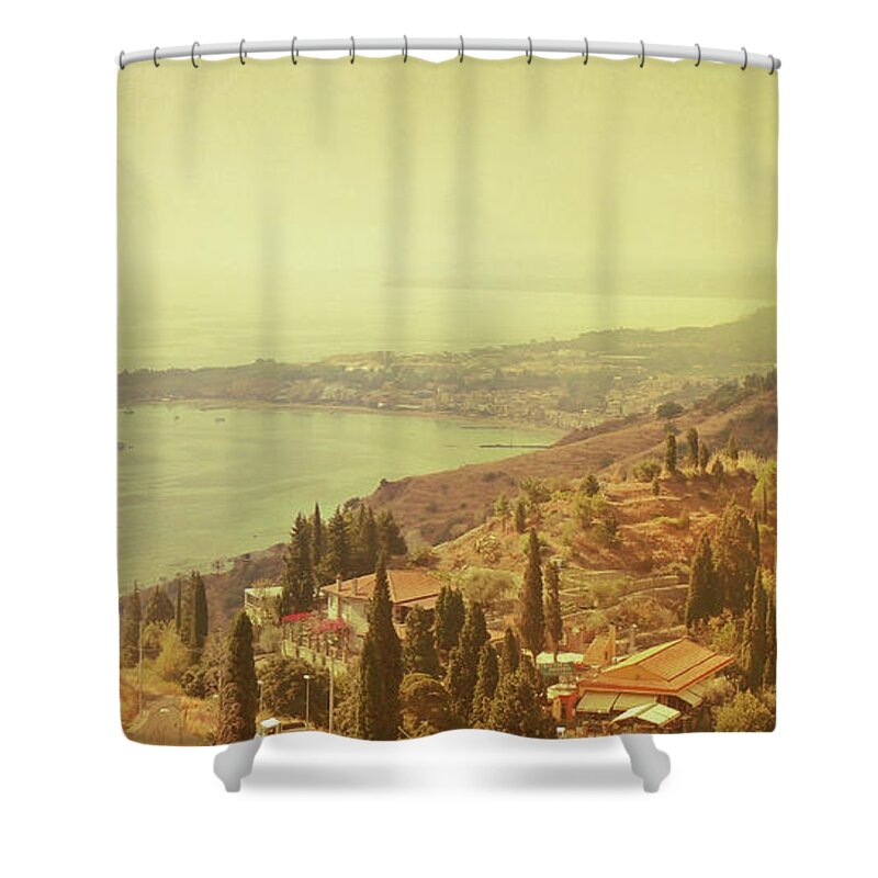 Panoramic Shower Curtain featuring the photograph Coastline Of Taormina And Giardini Naxos by Tjarko Evenboer / The Netherlands