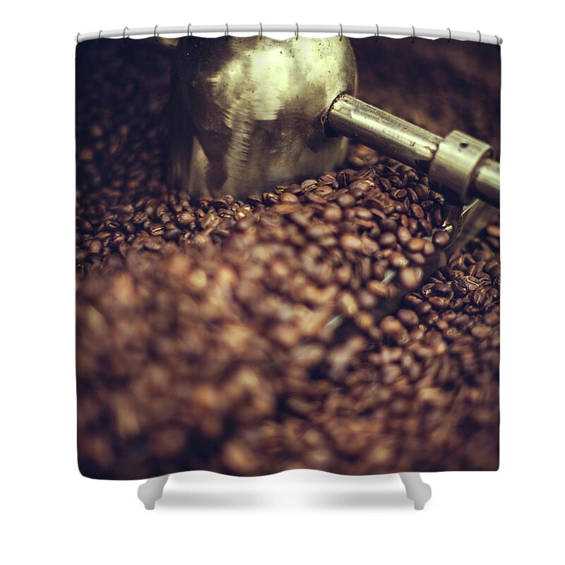Coffee Roaster Shower Curtain featuring the photograph Coffee Roaster In Action by Ryanjlane