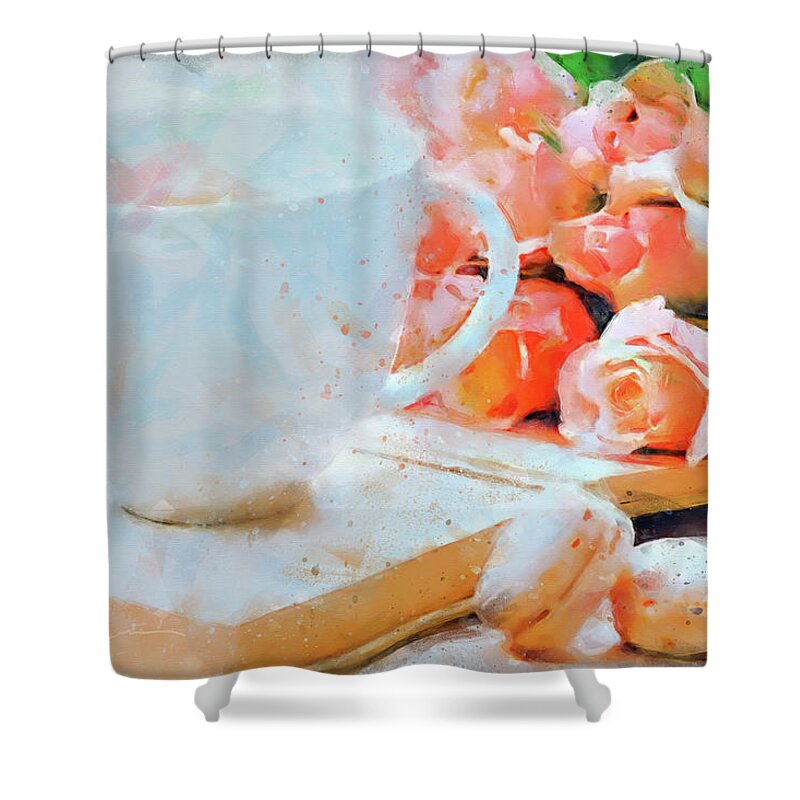Coffee Shower Curtain featuring the digital art Coffee with Roses by Rob Smith's