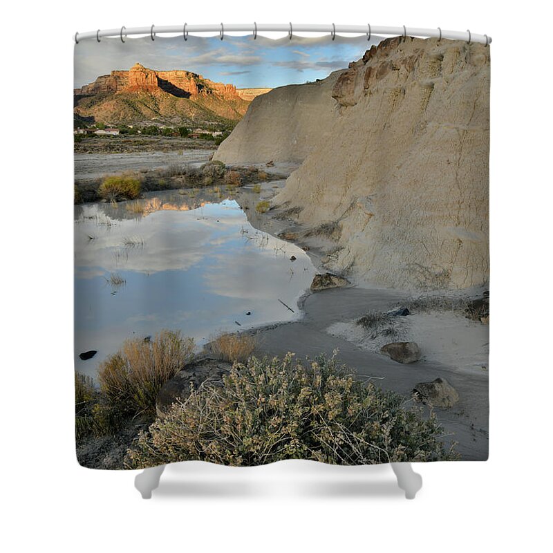 Grand Junction Shower Curtain featuring the photograph Colorado National Monument at Sunrise Reflected in Bentonite Pool by Ray Mathis