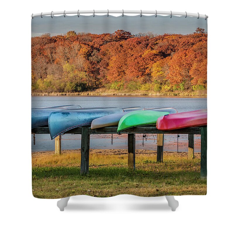Canoes Shower Curtain featuring the photograph Colorful Canoes by Patti Deters
