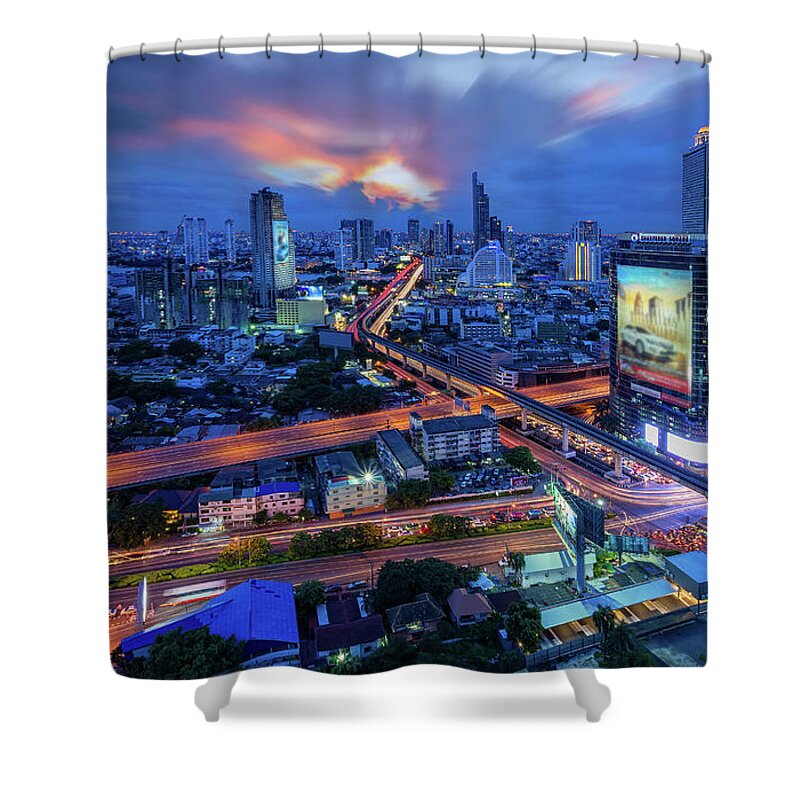 Tranquility Shower Curtain featuring the photograph Colorful Cityscape Of Bangkok by Natthawat