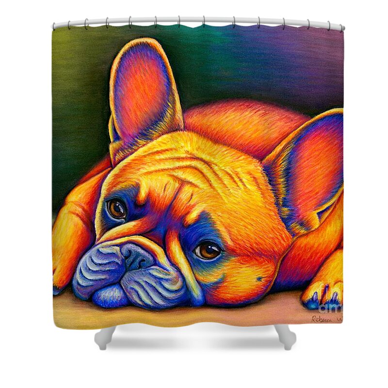 French Bulldog Shower Curtain featuring the drawing Daydreamer - Colorful French Bulldog by Rebecca Wang