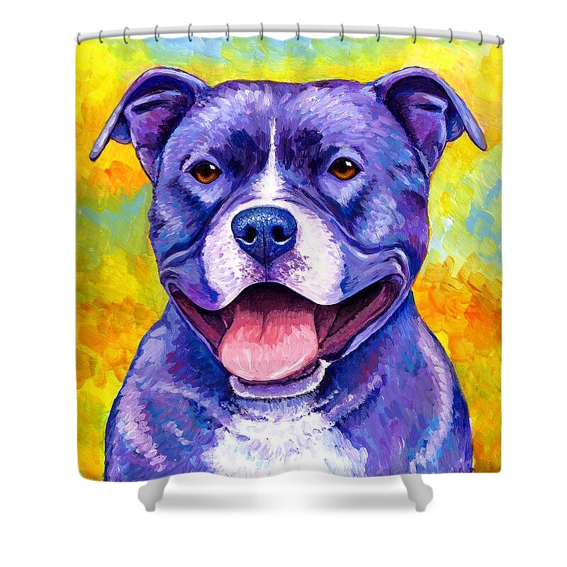 Pitbull Shower Curtain featuring the painting Peppy Purple Pitbull Terrier Dog by Rebecca Wang