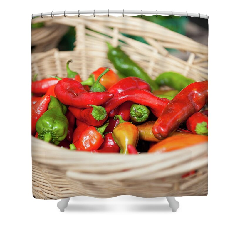 Red Bell Pepper Shower Curtain featuring the photograph Colorful Red, Green, And Orange Peppers by Txphotoblog - Randy Ennis