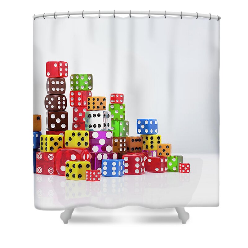 Risk Shower Curtain featuring the photograph Colourful Dice by Anthony Bradshaw