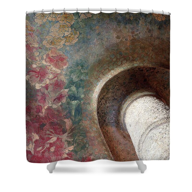 Antonio Gaudi Shower Curtain featuring the painting Column and floral decoration on the ceiling of the main hall staircase. La Pedrera, -Casa Mila-. by Antoni Gaudi -1852-1926-