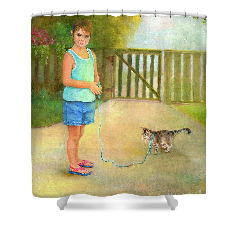 Girl Shower Curtain featuring the painting Come Along Kitty by Marlene Book