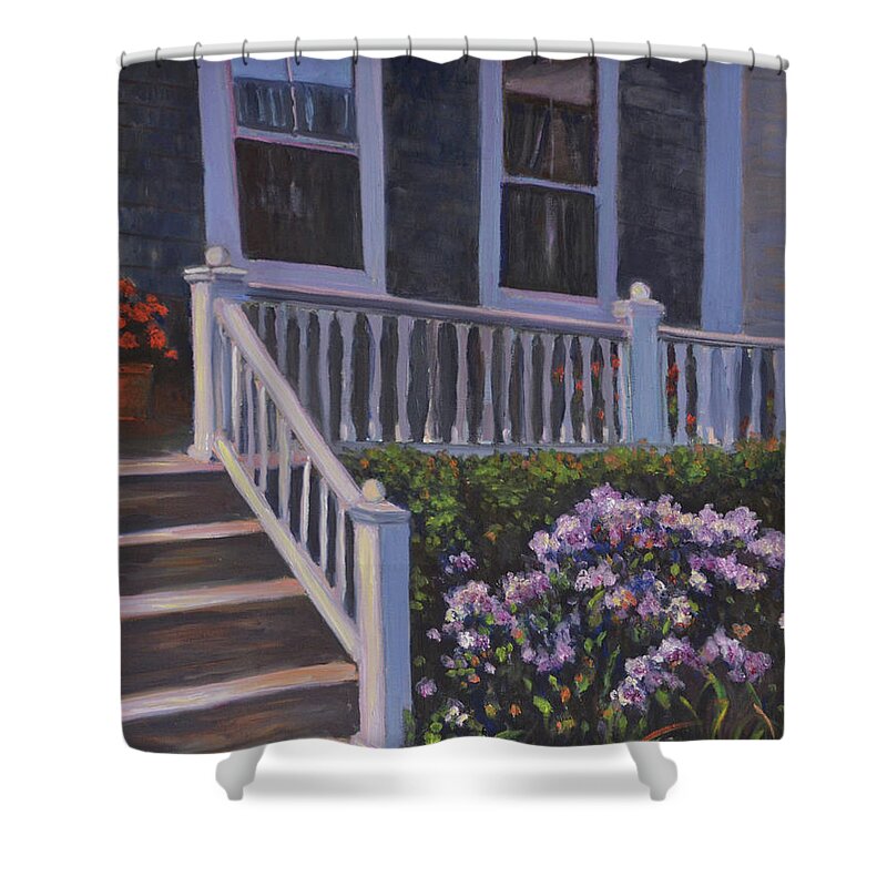 Provincetown Shower Curtain featuring the painting Commercial St Porch by Beth Riso