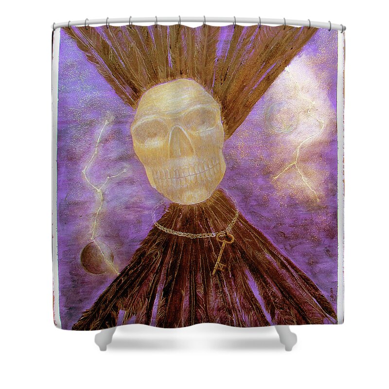 Obsidian Skull Shower Curtain featuring the painting Compelling Communications with a Large Golden Obsidian Skull by Feather Redfox