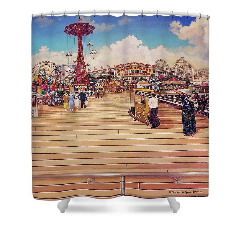  Shower Curtain featuring the painting Coney Island Boardwalk Pillow Mural #2 by Bonnie Siracusa