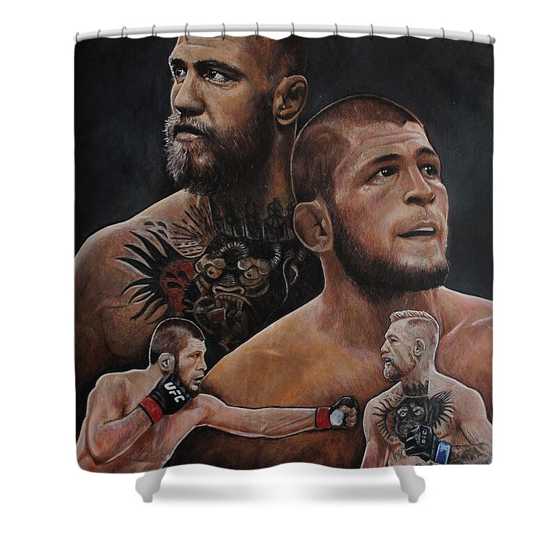 Conor Mcgregor Shower Curtain featuring the painting Conor McGregor Khabib Nurmagomedov UFC 229 by David Dunne