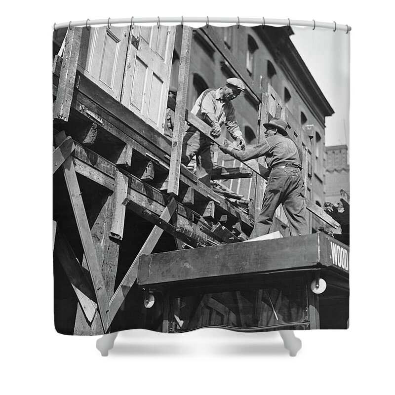 Apartment Shower Curtain featuring the photograph Construction Workers On Scaffolding by George Marks