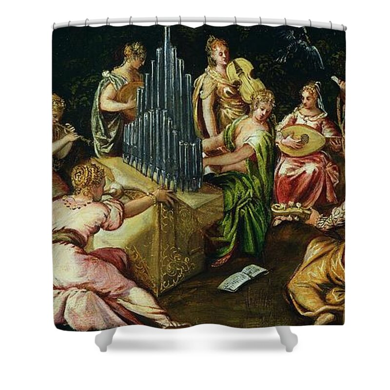 Pierides Shower Curtain featuring the painting Contest Between Muses And Pierides By Jacopo Robusti Known As Tintoretto by Jacopo Robusti Tintoretto