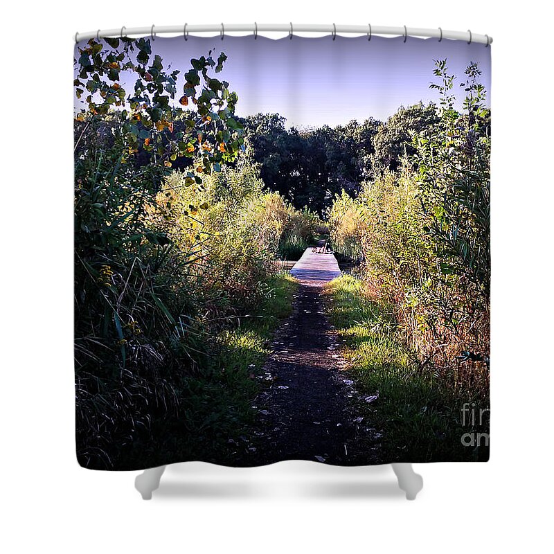 Nature Shower Curtain featuring the photograph Conversations on the Bridge at the Wetlands Preserve by Frank J Casella