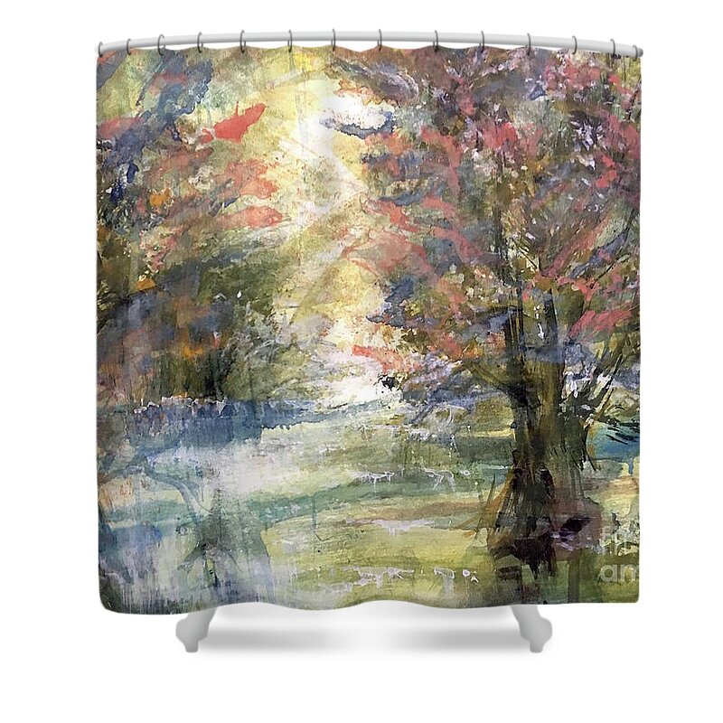 Impressionistic Floral Landscape Louisiana Watercolor Abstract Impressionism Water Bayou Lake Verret Blue Set Design Iris Abstract Painting Abstract Landscape Purple Trees Fishing Painting Bayou Scene Cypress Trees Swamp Bloom Elegant Flower Watercolor Coastal Bird Water Bird Interior Design Imaginative Landscape Oak Tree Louisiana Abstract Impressionism Set Design Fort Worth Texas Shower Curtain featuring the painting CoralSwamp by Francelle Theriot