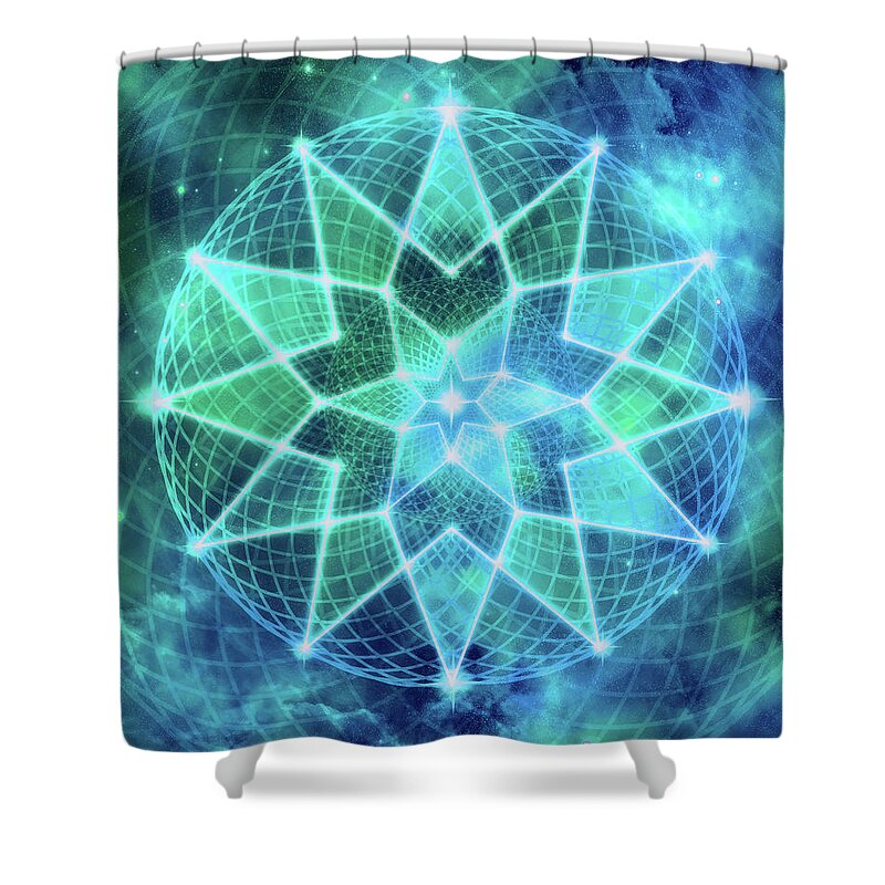 Seed Of Life Shower Curtain featuring the digital art Cosmic Geometric Seed of Life Crystal Turquoise Lotus Star Mandala by Laura Ostrowski