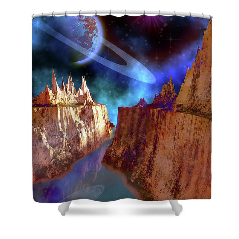Scenics Shower Curtain featuring the digital art Cosmic Seascape On Another World by Corey Ford/stocktrek Images
