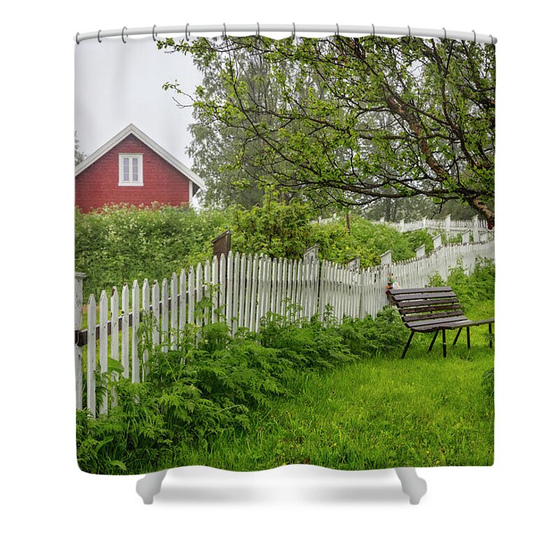 Fence Shower Curtain featuring the photograph Cottage in the Rain by Debra and Dave Vanderlaan
