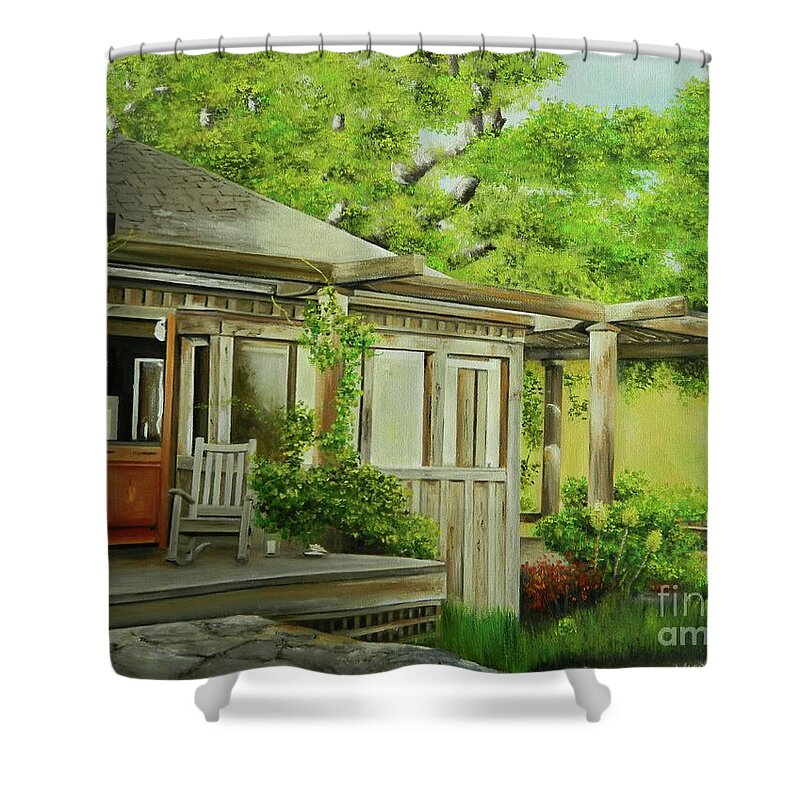 Tropical Landscape Shower Curtain featuring the painting Pauline's Cottage by Kenneth Harris