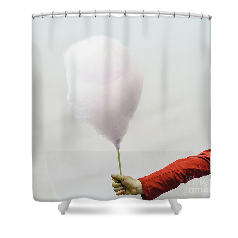 Attractive Shower Curtain featuring the photograph Cotton Candy Held By The Hand Of A Child, Isolated On White Background. by Joaquin Corbalan