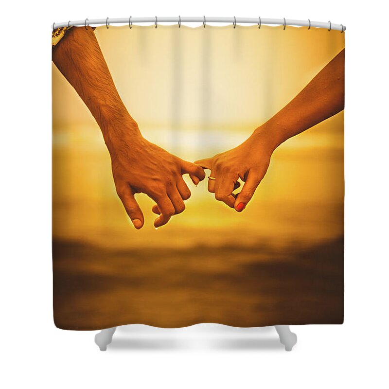 Heterosexual Couple Shower Curtain featuring the photograph Couple Holding Hands At Sunset, India by Teju Nookala