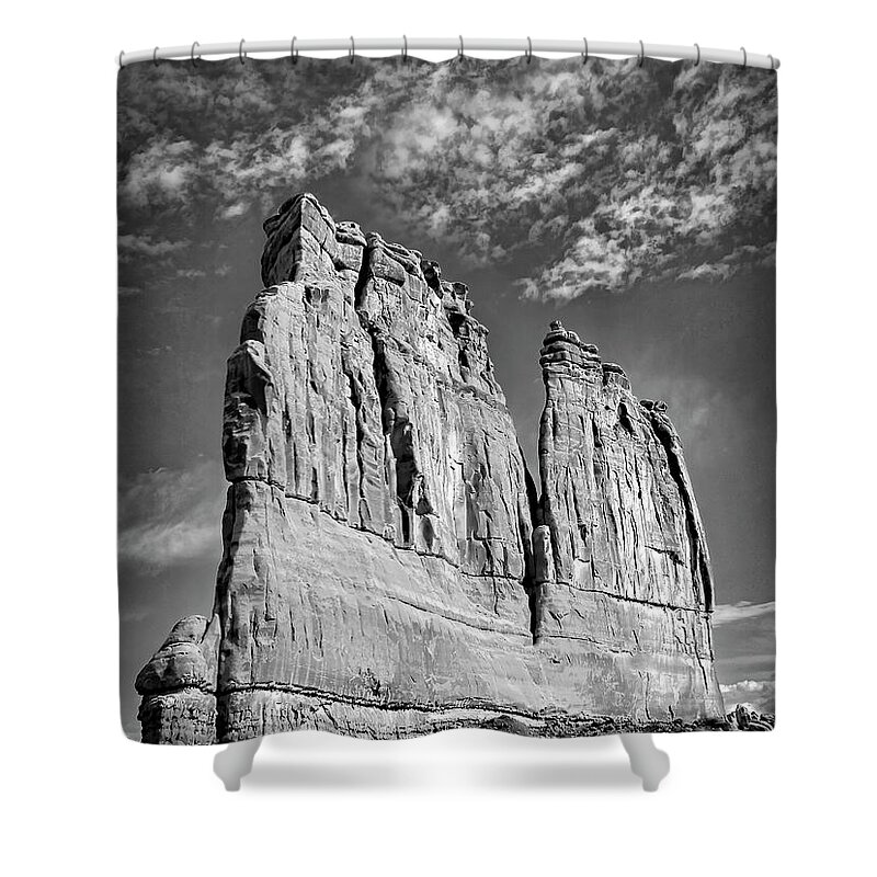 Arches National Park Shower Curtain featuring the photograph Courthouse Towers BW by Susan Candelario