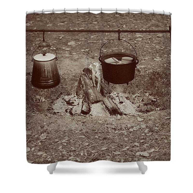 Sepia Shower Curtain featuring the photograph Cowboy Camp by T Lynn Dodsworth