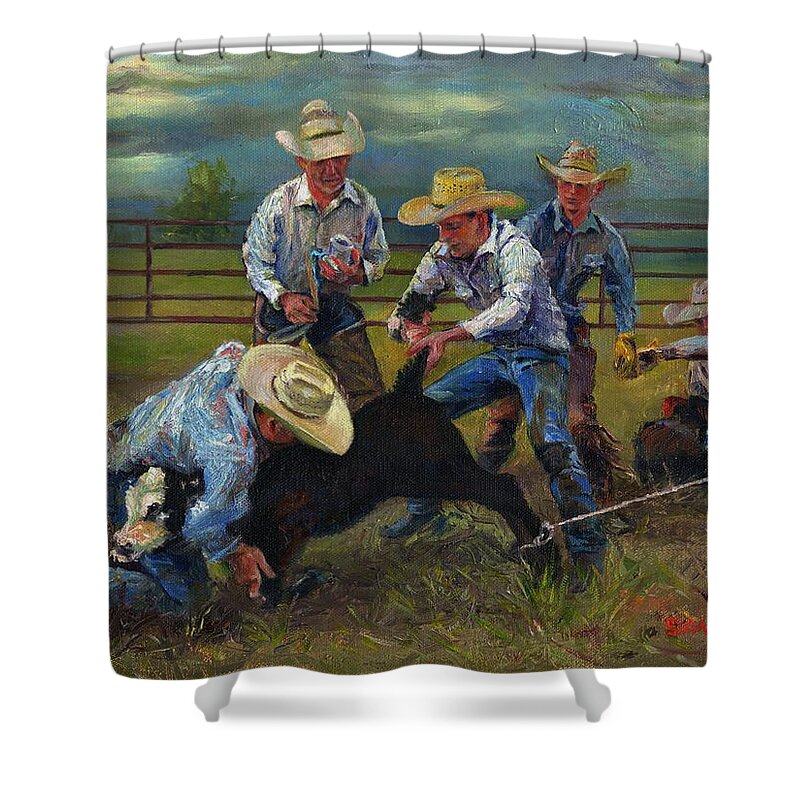 Western Shower Curtain featuring the painting Cowboy Strong by Susan Hensel